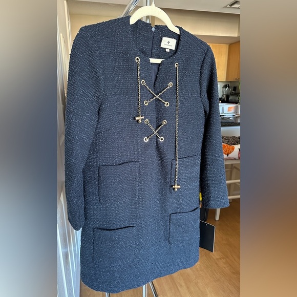 Tuckernuck Navy Tie Tweed Kelly Dress, Navy Blue Boxy Dress, Size Medium - Picture 9 of 16